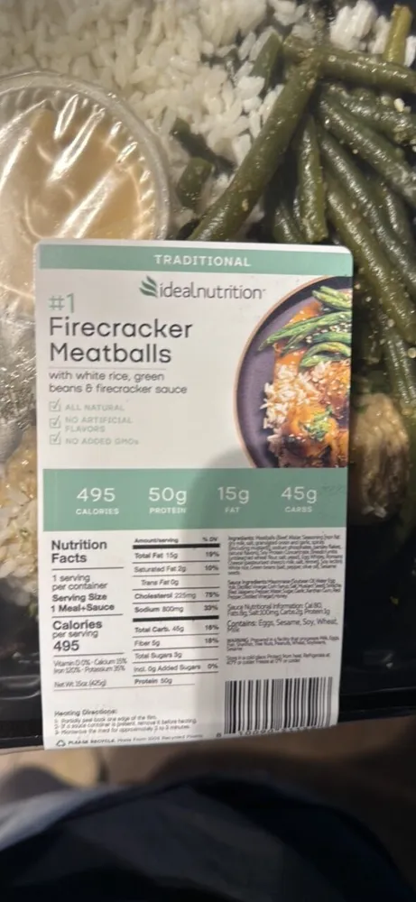 Firecracker Meatballs with White Rice and Roasted Green Beans