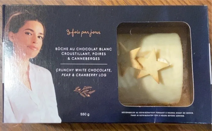 Bûche au chocolat blanc crouillant poires er canneberges