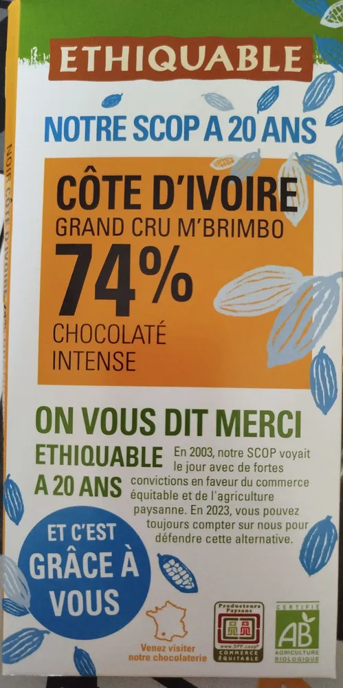 CÔTE D'IVOIRE GRAND CRU M'BRIMBO 74% CHOCOLAT INTENSE