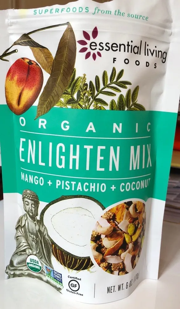 Essential living foods, organic enlighten mix, mango + pistachio + coconut