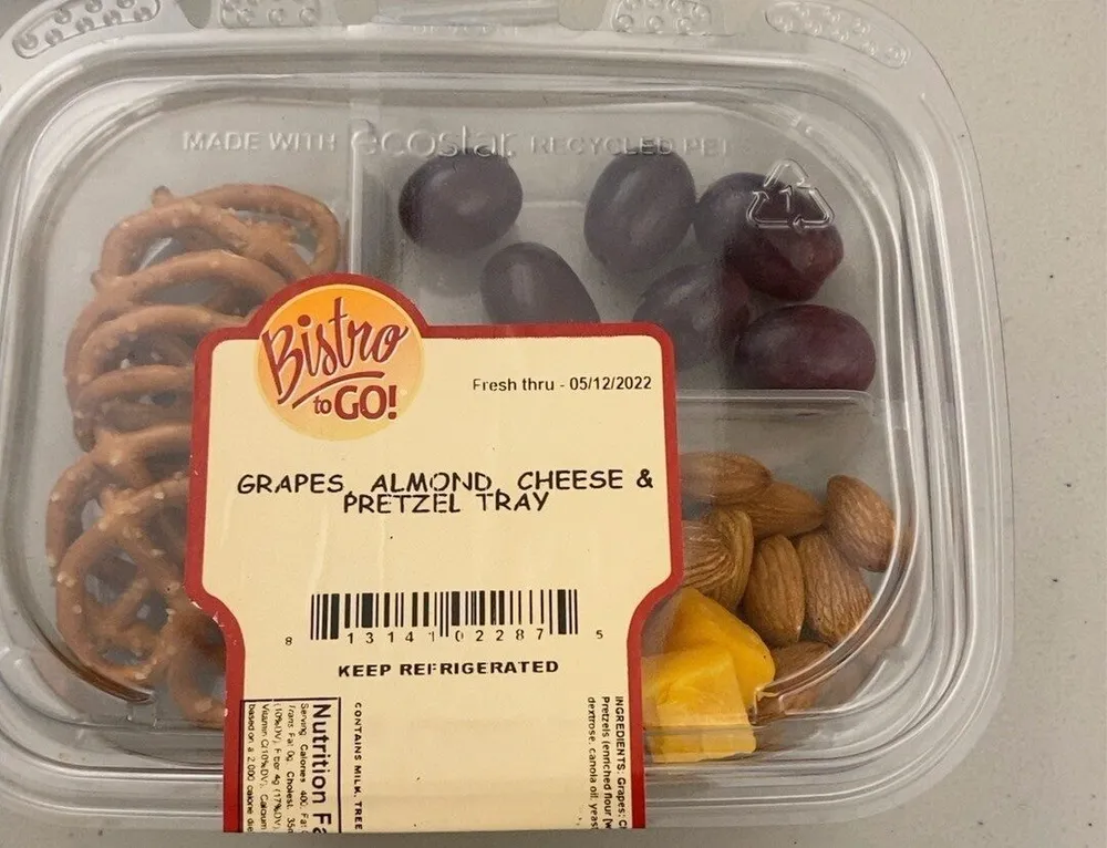grapes, almonds, cheese pretzel tray