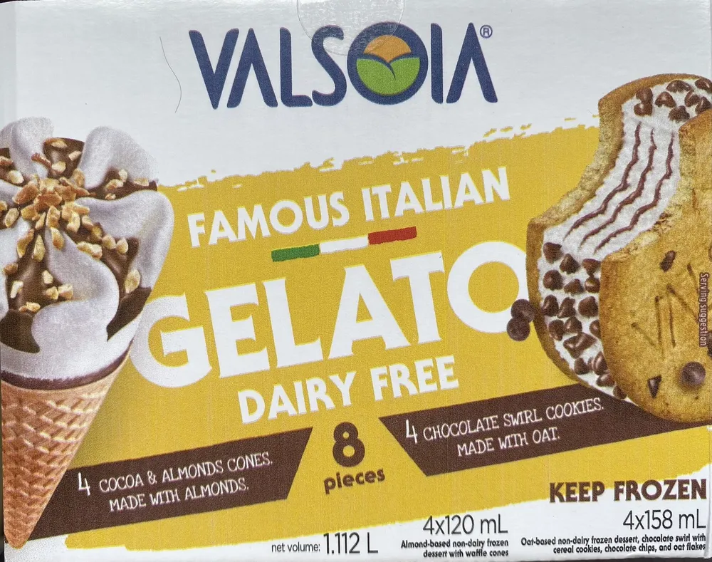 Famous Italian Gelato Dairy Free 8 Pieces 4 Cocoa & Almonds Cones 4 Chocolate Swirl Cookies