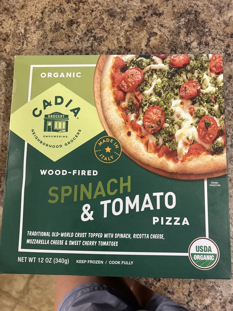 Cadia, organic wood-fired italian pizza, spinach & tomato