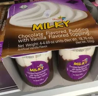 Milky chocolate flavored pudding with vanilla flavored whipped cream topping