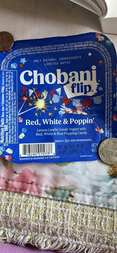 Red, White & Poppin’ Lemon Lowfat Greek Yogurt with Red, White & Blue Popping Candy