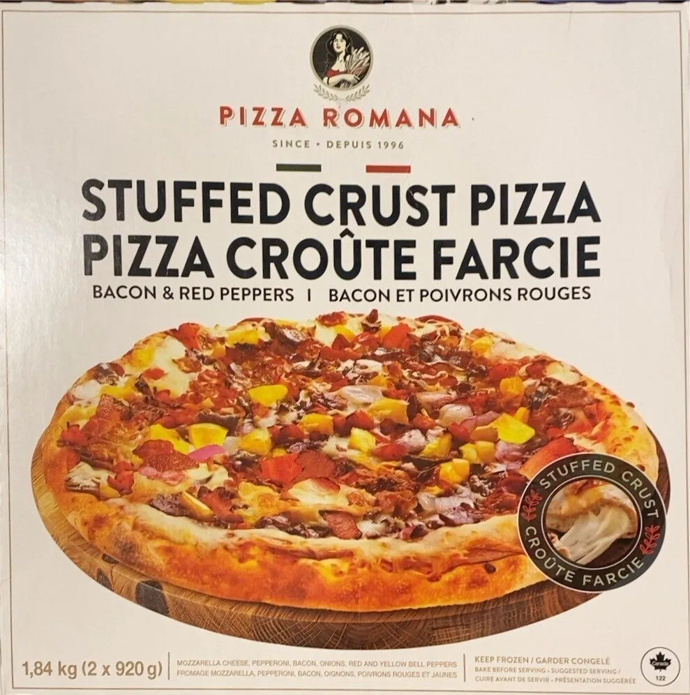 Pizza croûte farcie, bacon et poivrons rouges