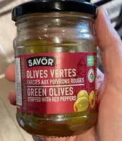 Green stuffed olives with red peppers