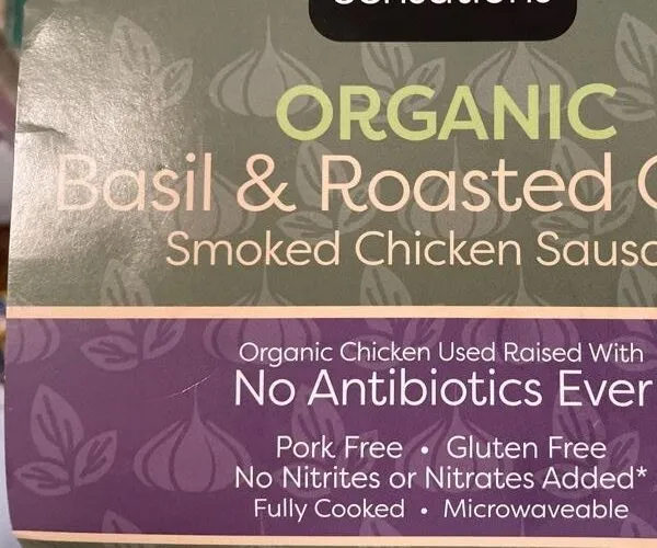 Organic basil and roasted garlic, smoked chicken sausage