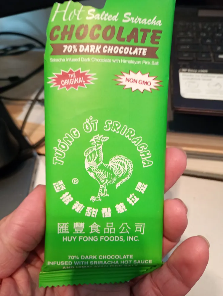 70% dark chocolate infused with sriracha hot sauce and himalayan pink salt, hot salted sriracha chocolate