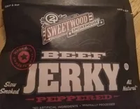Peppered slow smoked beef jerky, beef