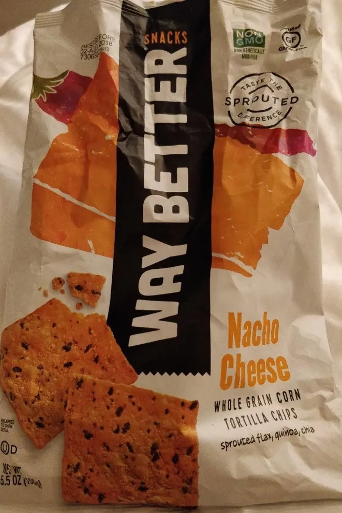 Way better snacks, whole grain corn tortilla chips, nacho cheese