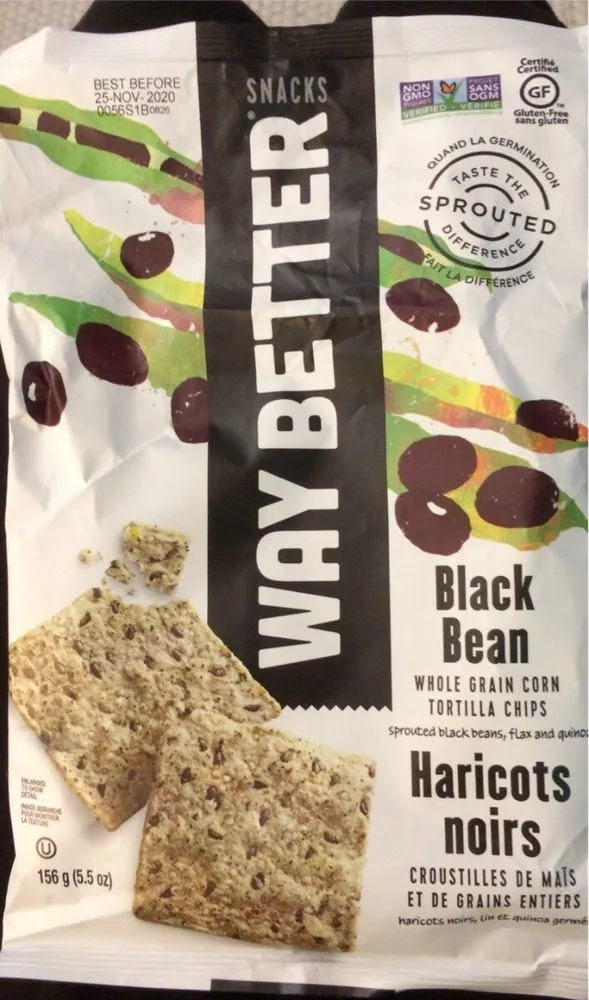 Haricots noirs, croustilles de maïs et de grains entiers