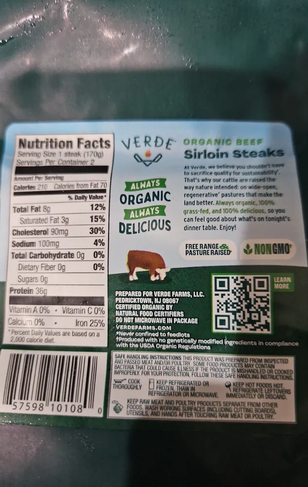 100% Grass Fed Organic Beef Sirloin Steak