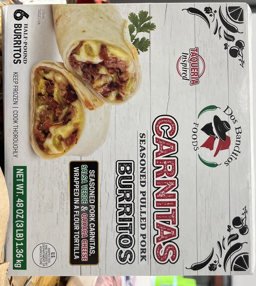 Carnitas seasoned pulled pork burritos