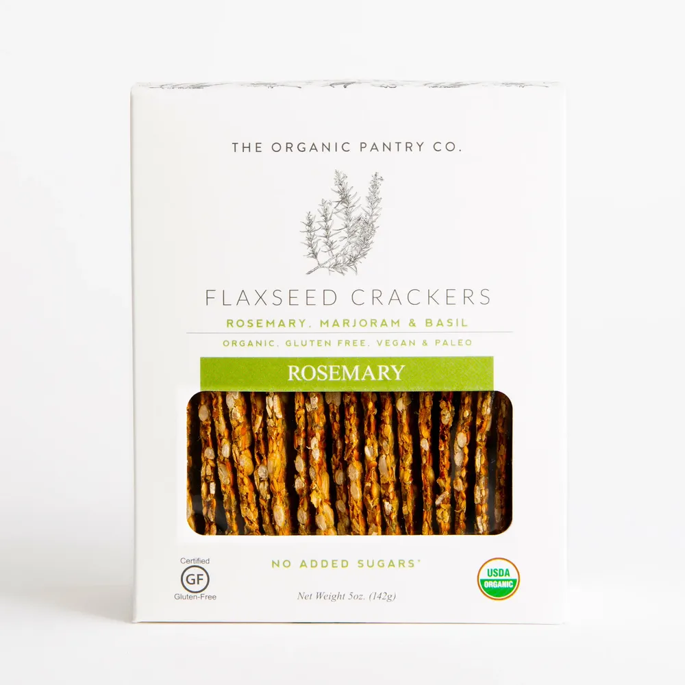 The organic party co, flaxseed crackers, rosemary, rosemary