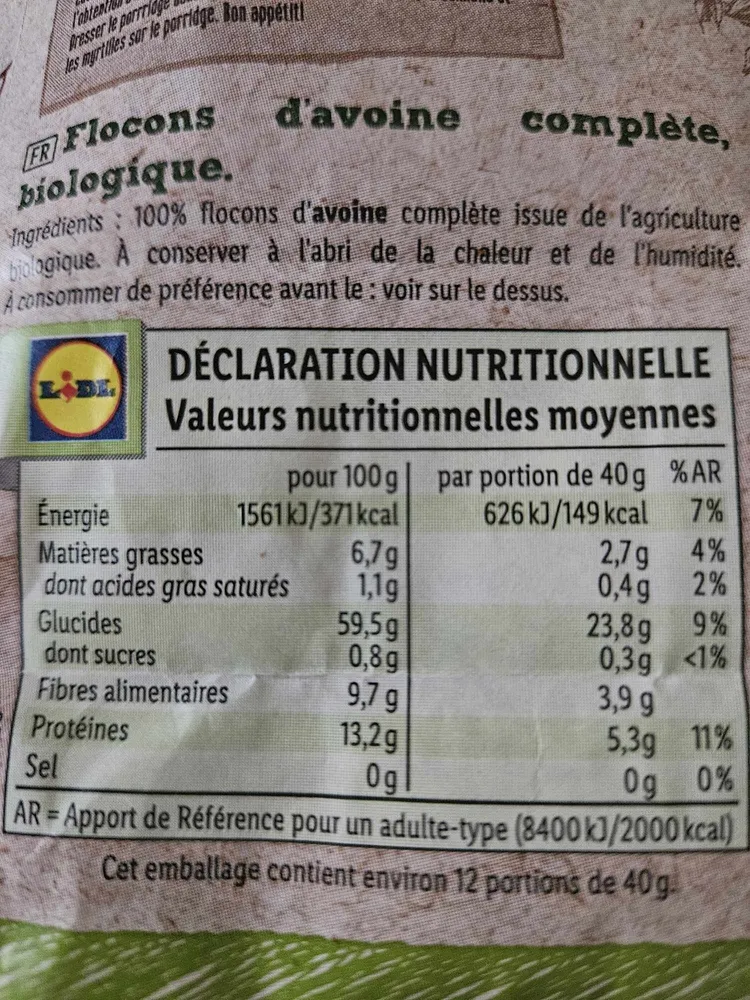 Flocons d'avoine complète biologique