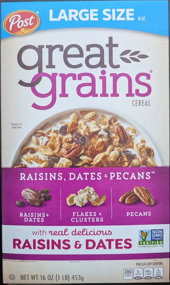 great grains raisins, dates & pecans cereal