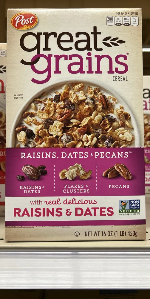 great grains raisins, dates & pecans cereal