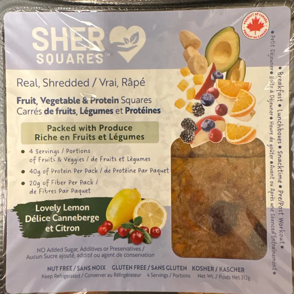 Carrés de fruits, legumes et protéines