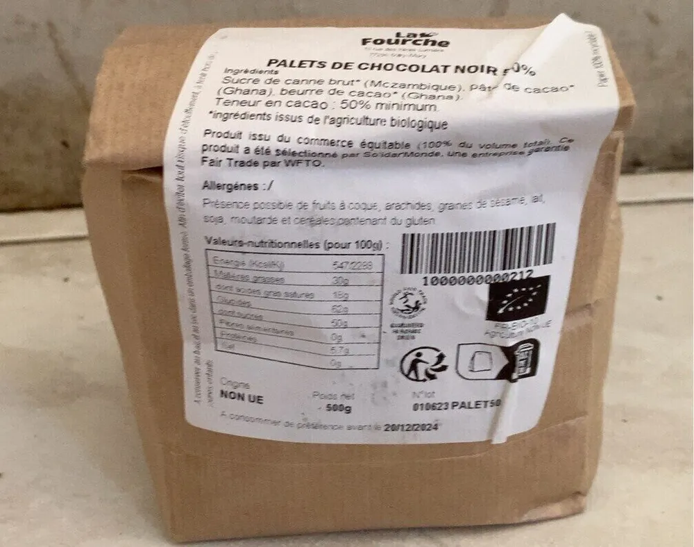 Palet de chocolat noir 50%