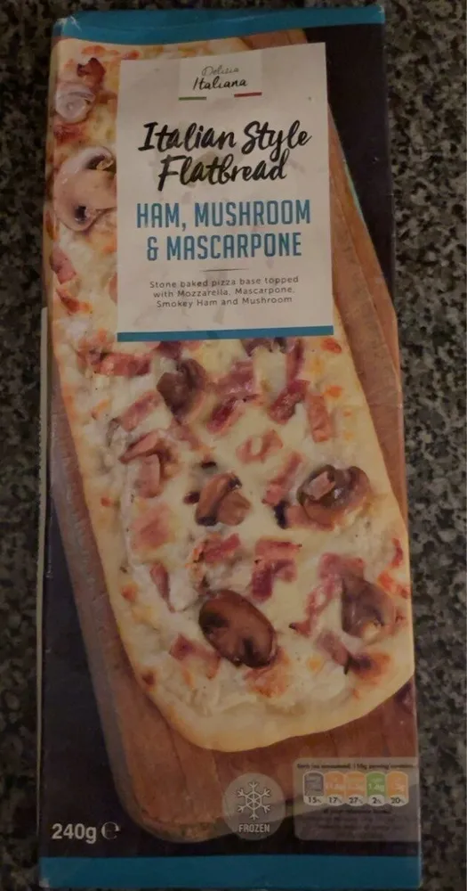 Italian style flatbread ham mushroom and mascarpone