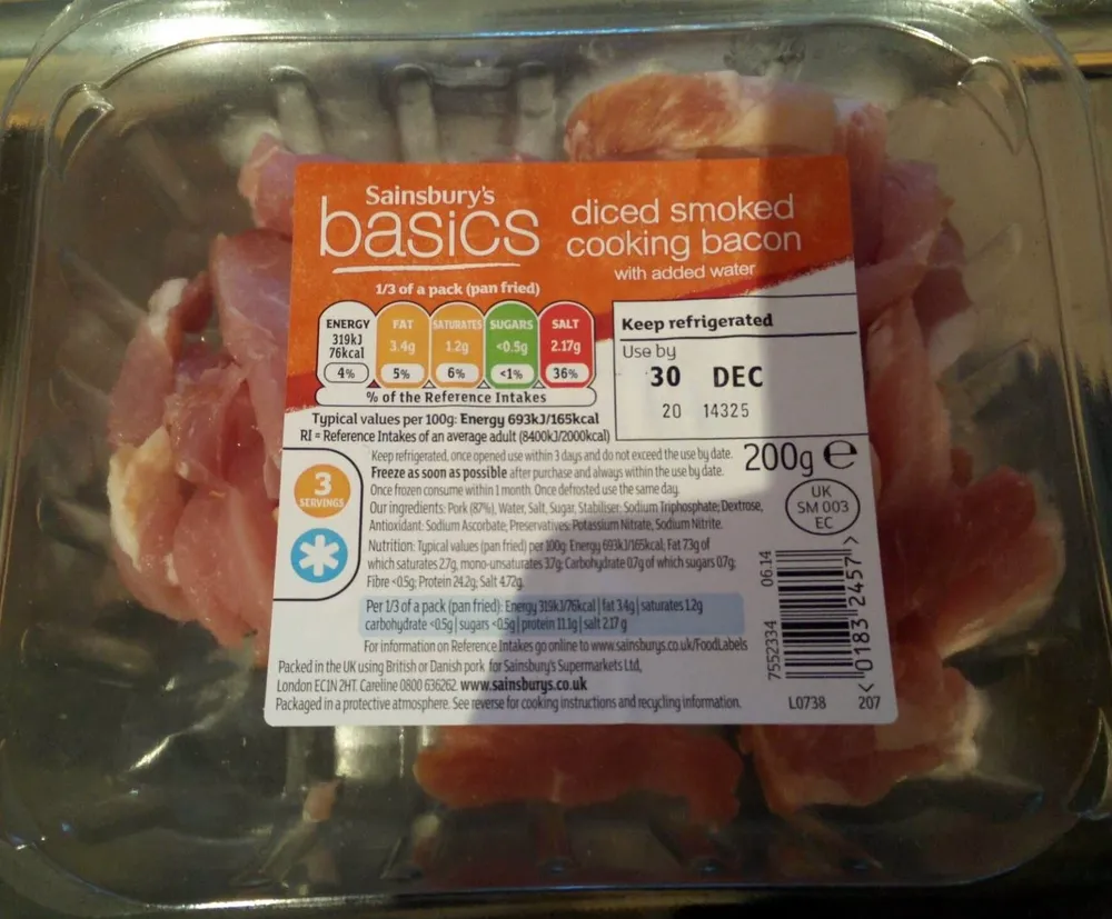 diced smoked cooking bacon with added water