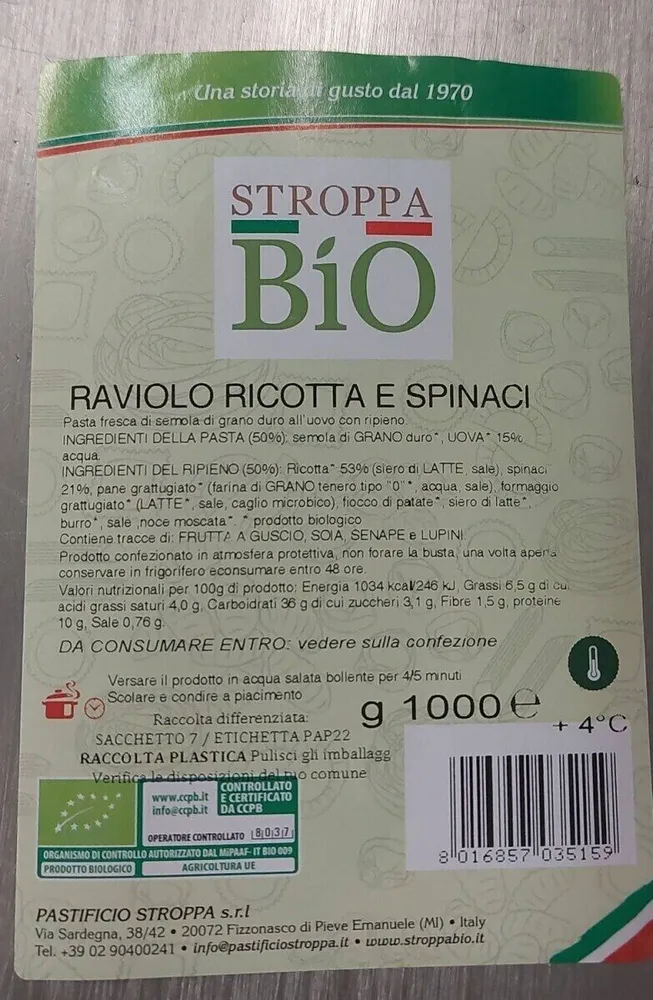 Ravioli ricotta e spinaci biologici