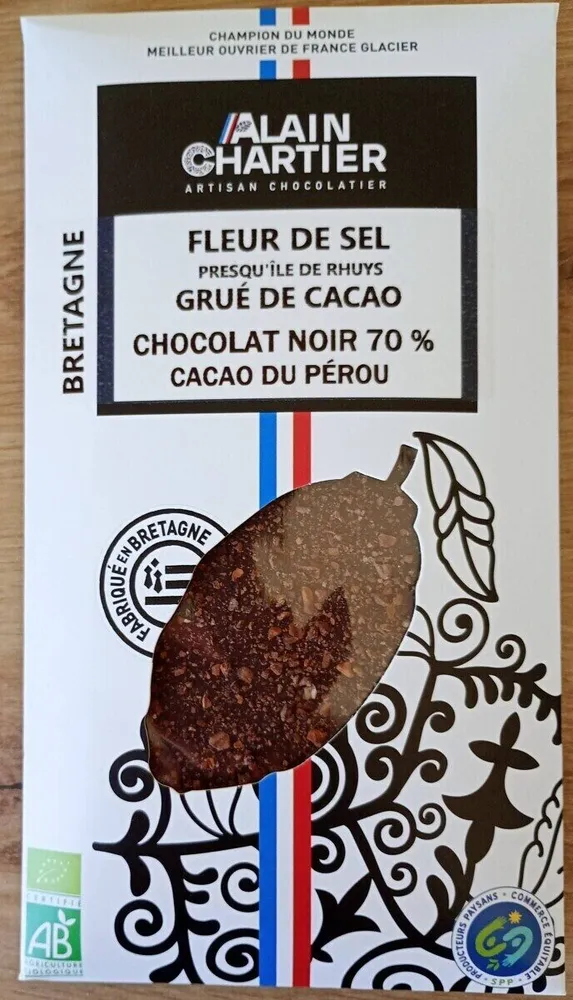 Chocolat noir 70%de cacao du Pérou fleur de sel grue de cacao