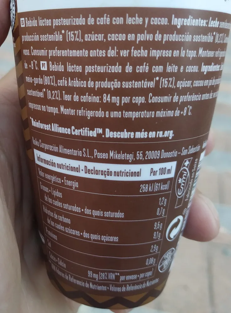 Bebida láctea pasteurizada de café con leche y cacao