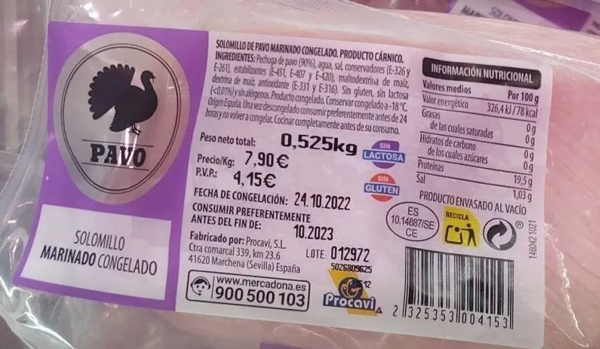 Solomillo de pavo marinado congelado
