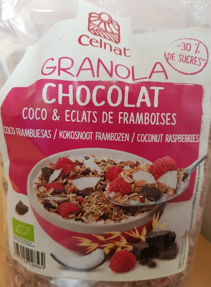Granola chocolat coco et éclats de frambroise