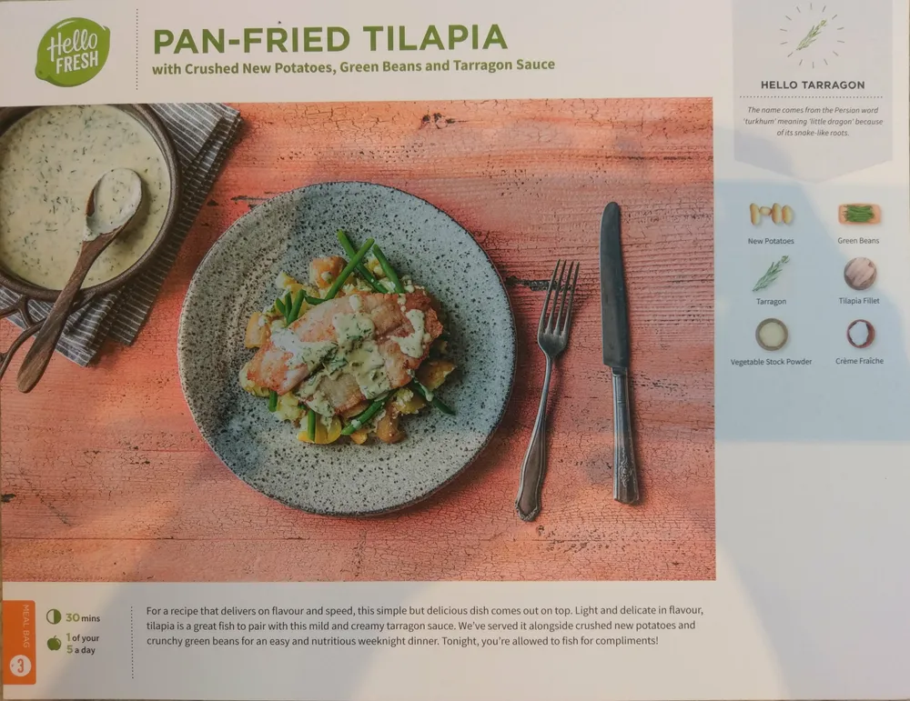 Pan-Fried Tilapia with Crushed New Potatoes, Green Beans and Tarragon Sauce