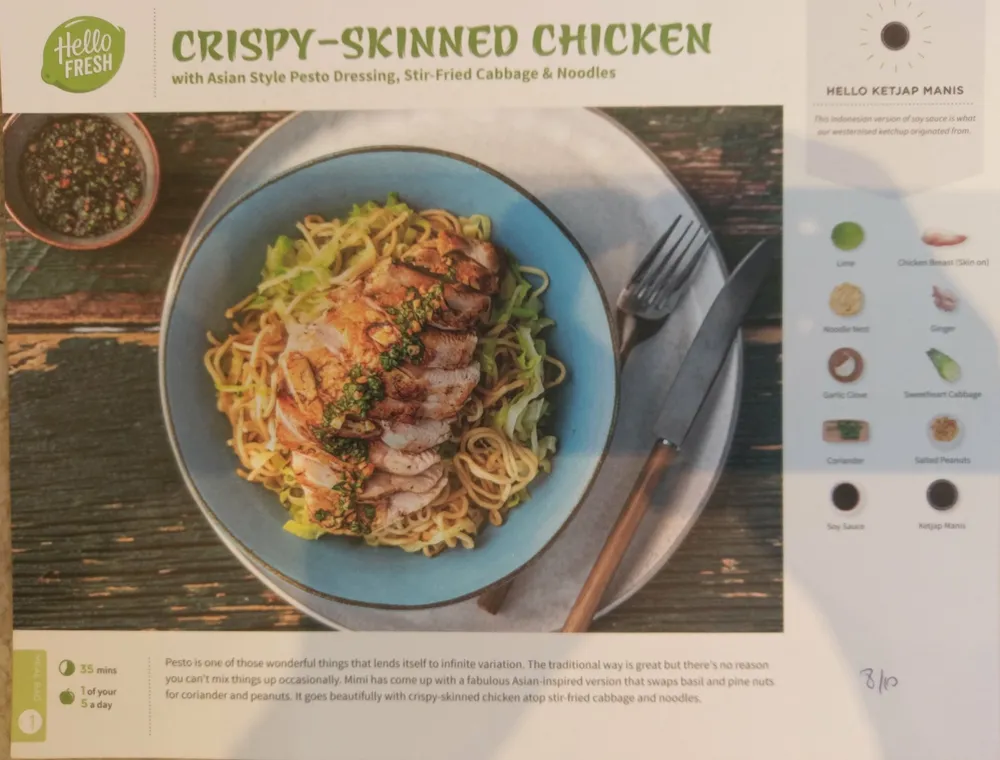 Crispy-Skinned Chicken with Asian Style Pesto Dressing, Stir-Fried Cabbage & Noodles