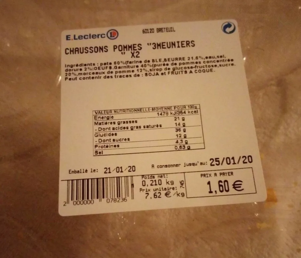 Chaussons pommes 3 meuniers x2