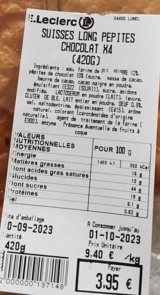 Suisse long pépite de chocolat