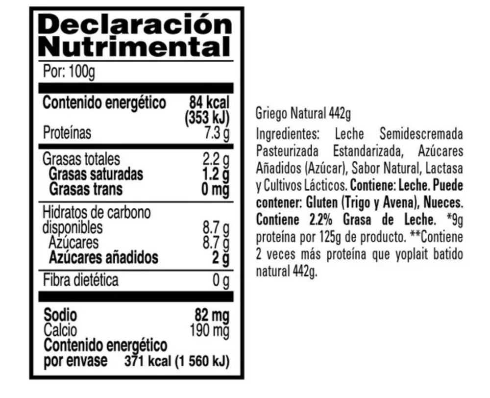 Yoghurt Yoplait Griego natural bajo en grasa