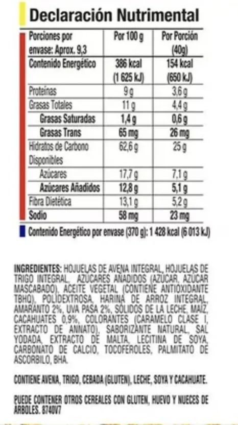 Granola Quaker 3 Minutos avena, amaranto, pasas y cacahuates