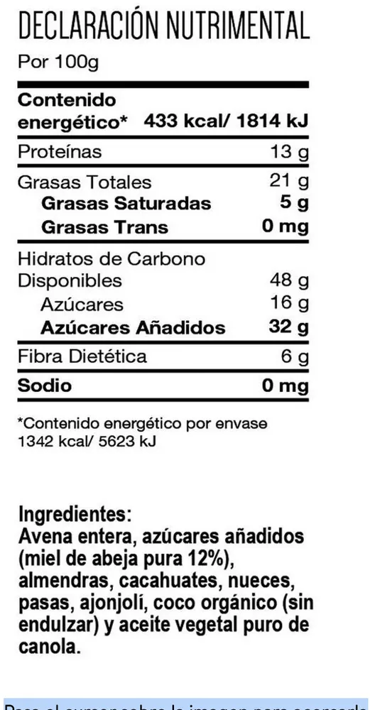 Granola Tía Ofilia endulzada con miel de abeja