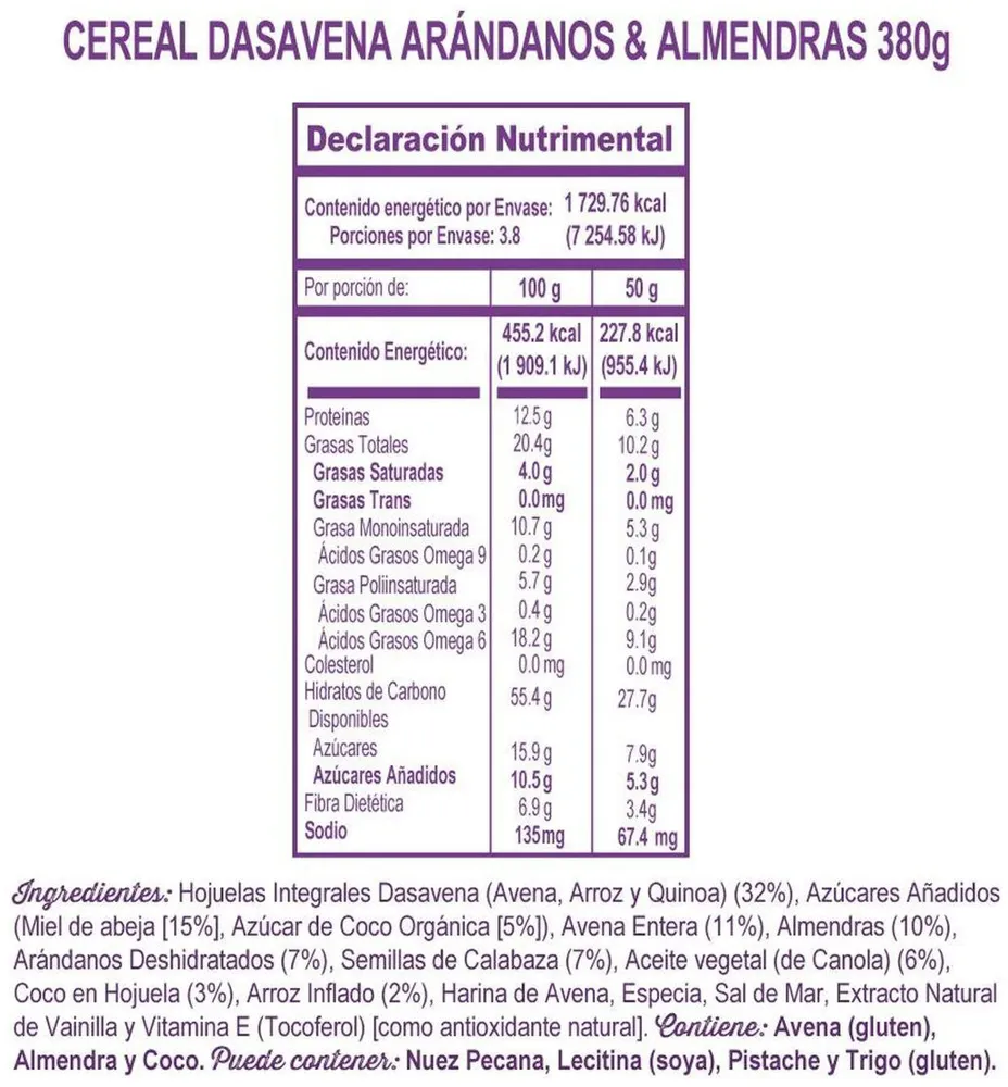 Cereal Dasavena artesanal arándanos y almendras