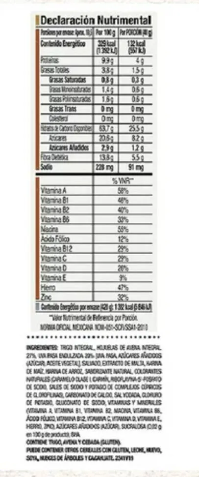 Cereal de avena Quaker Multibran con pasas