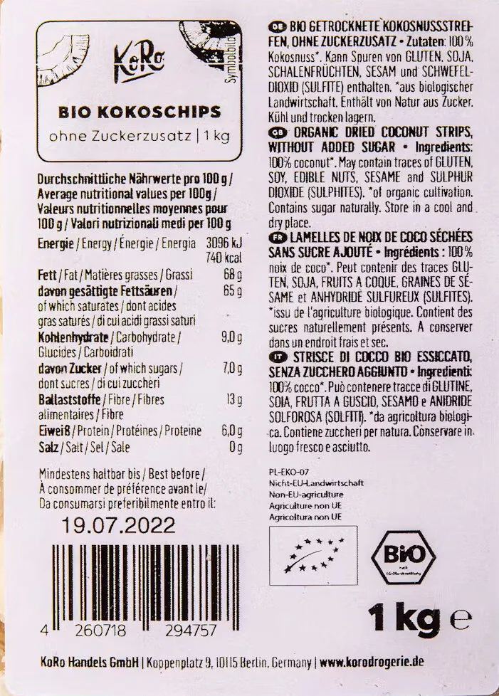 Organic dried coconut strips without added sugar