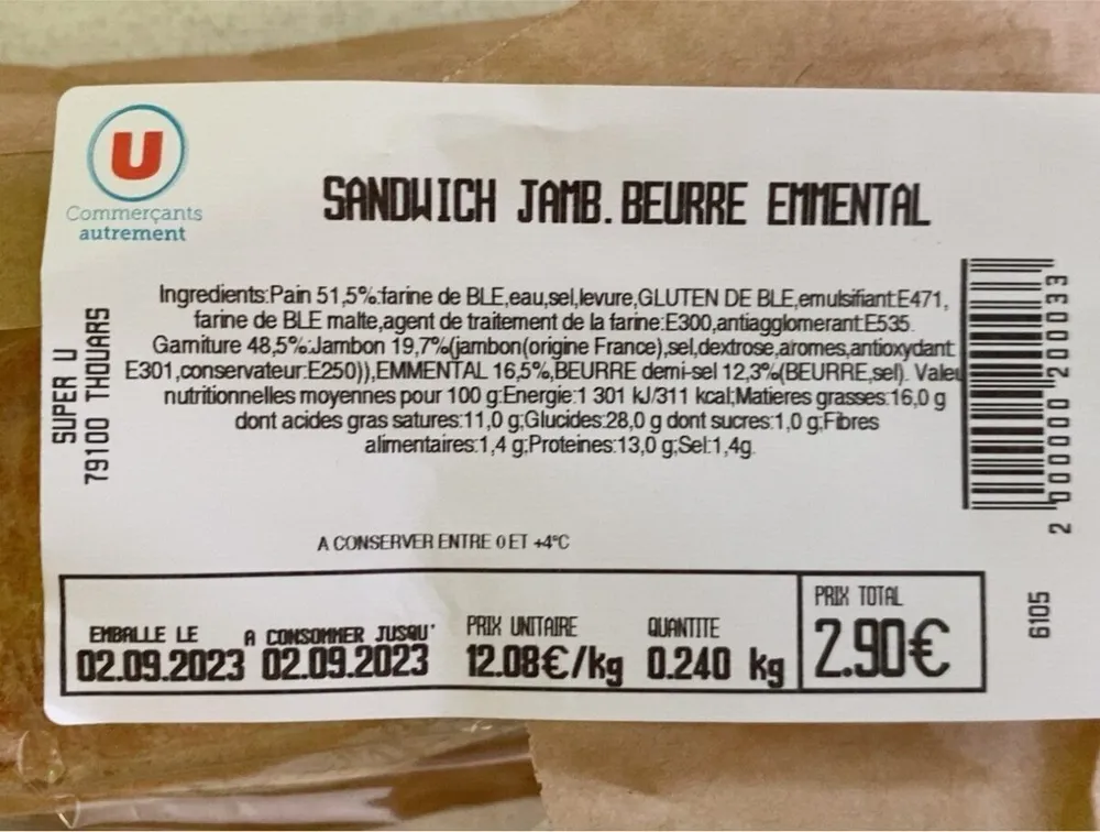 Sandwich Jambon beurre emmantal