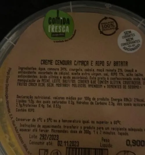 Creme Cenoura c/Maçã e Aipo s/ Batata