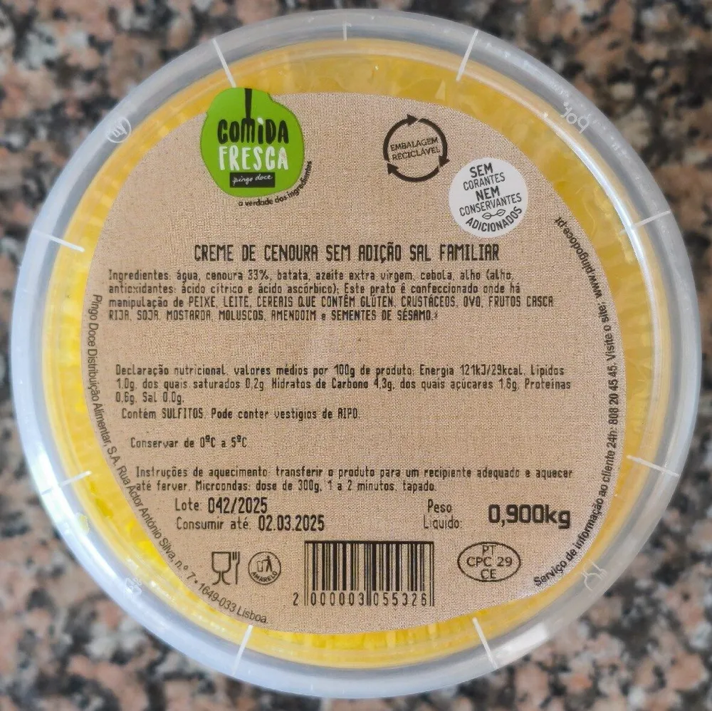 Creme de Cenoura sem Adição Sal Familiar