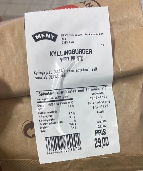 Kyllingburger  1stk meny