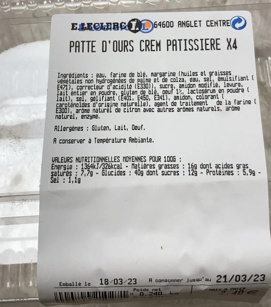 Patte d’ours crem pâtissière x4