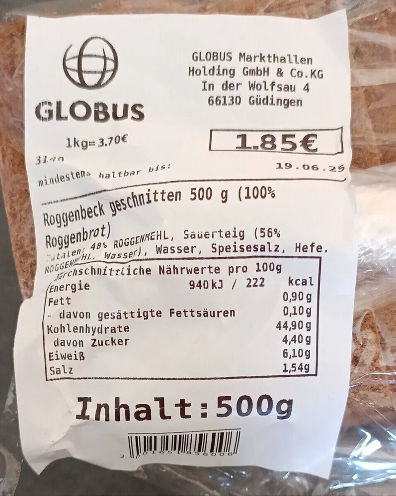 Roggenbeck geschnitten 500 g (100% Roggenbrot)