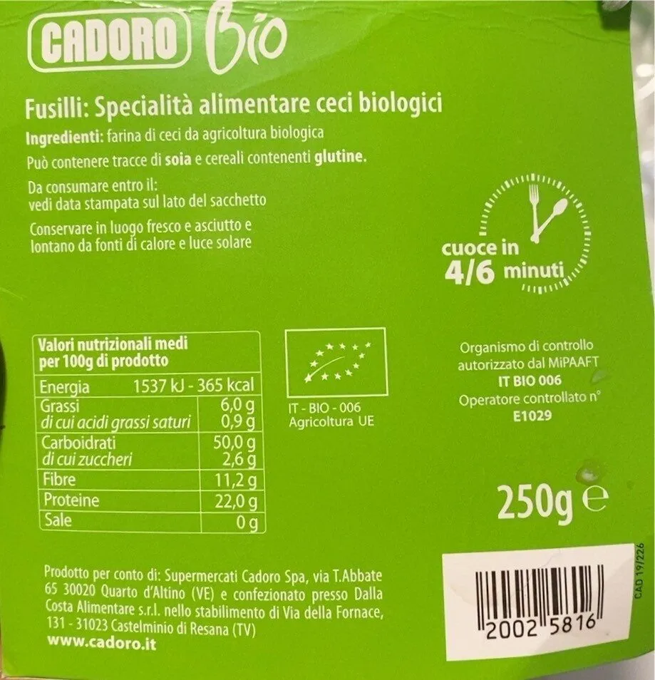 Fusilli: specialità alimentare ai ceci biologici