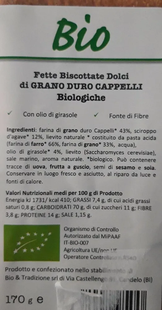 Fette biscottate dolci di grano duro cappelli biologiche