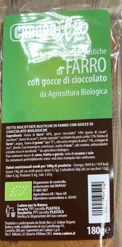 Fette biscottate rustiche di farro con gocce di cioccolato